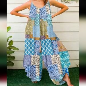 Patchwork Boho Jumpsuit - Blue and Tan